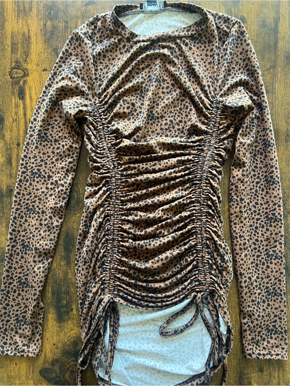 Revamped Brown Leopard Ruched Long Sleeve Mini Dress